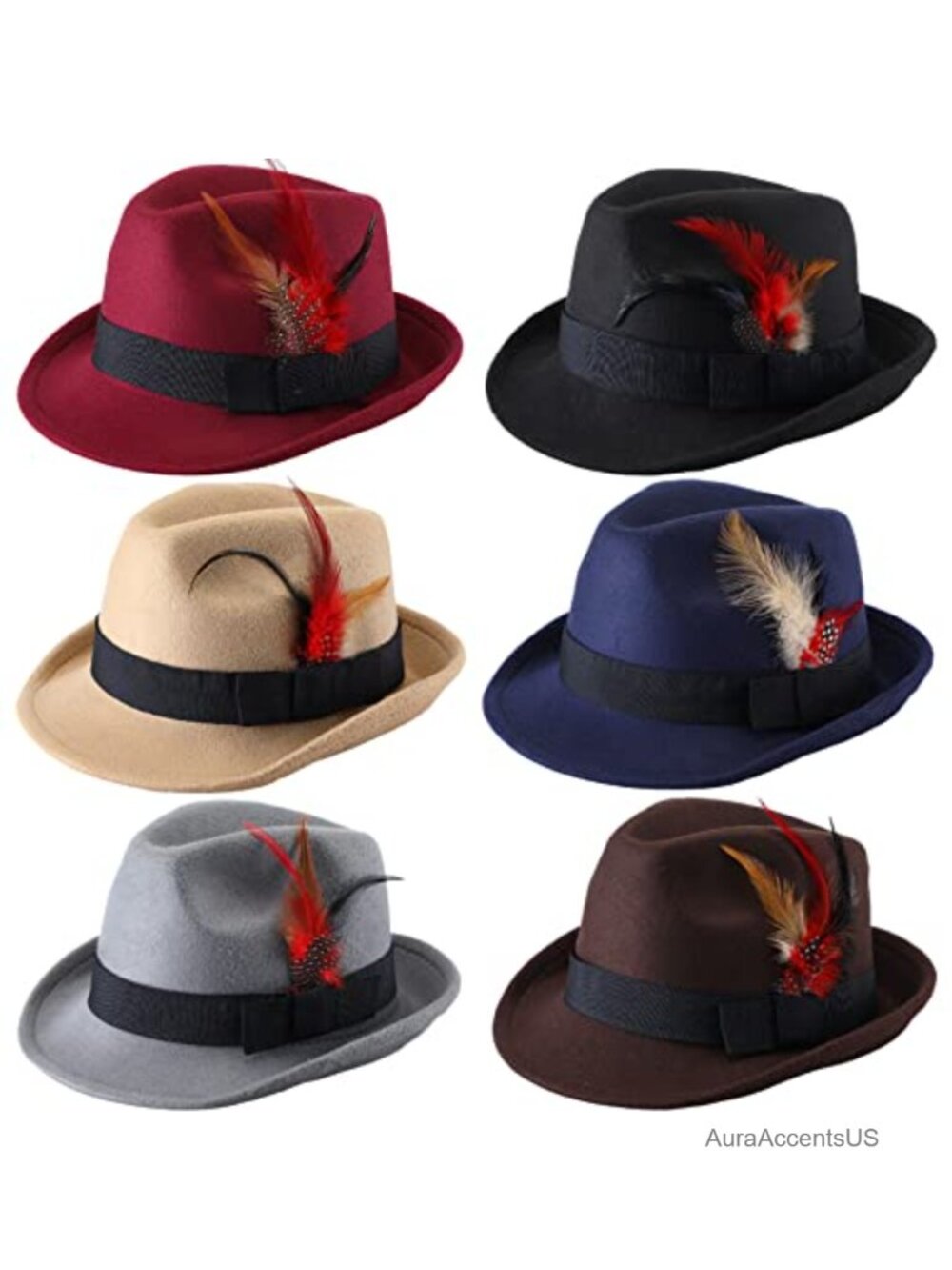 6 Pack Fedora Hats Wide Brim with Feather Imitate Wool Trilby